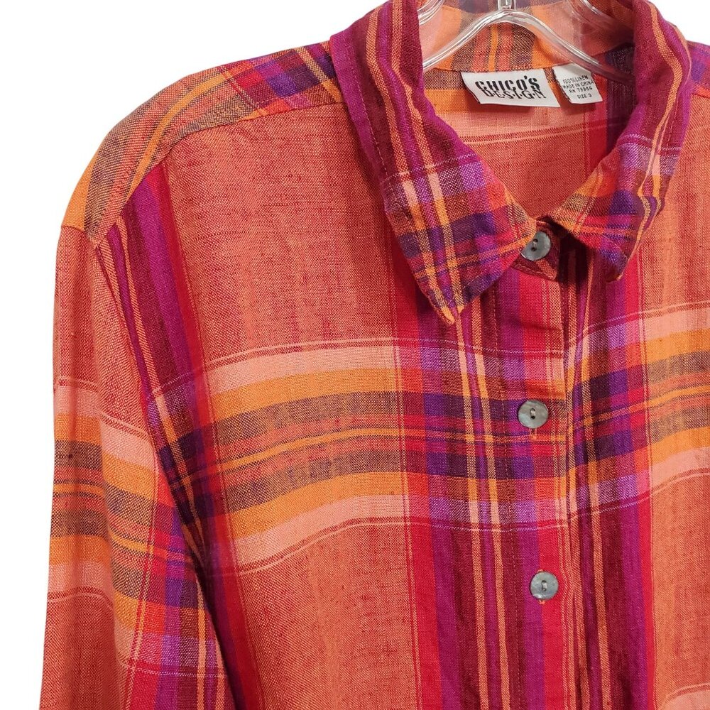 Chicos Design 3 Size XL Shirt Abalone Shell Button Plaid 100% Linen Relaxed Boho - Picture 7 of 11